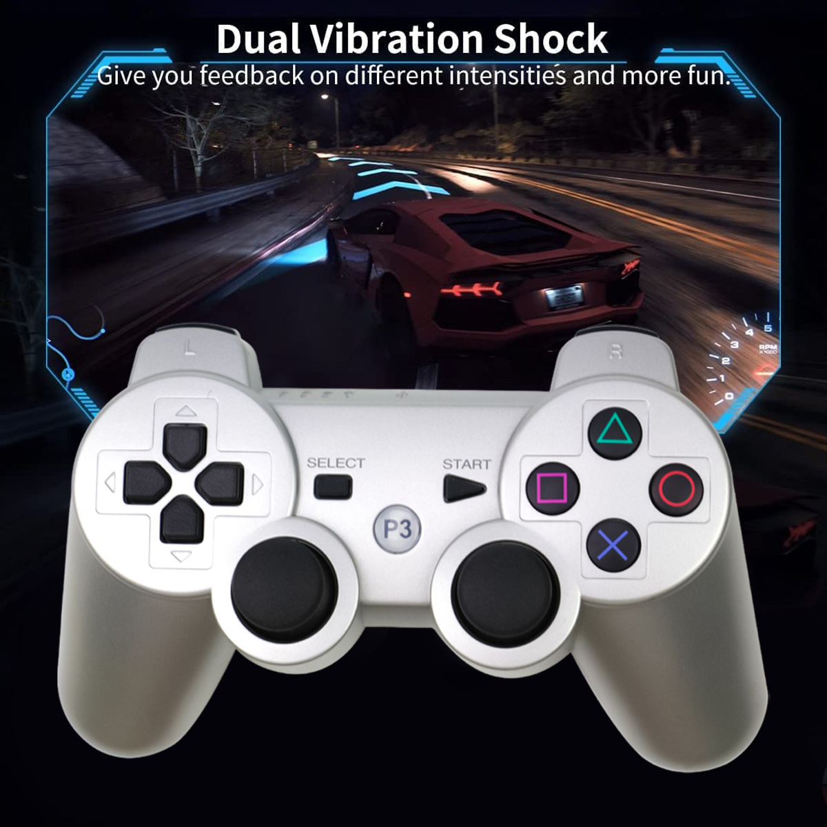 Ein silberner Controller vor einem Rennspielbildschirm mit einem roten Sportwagen.