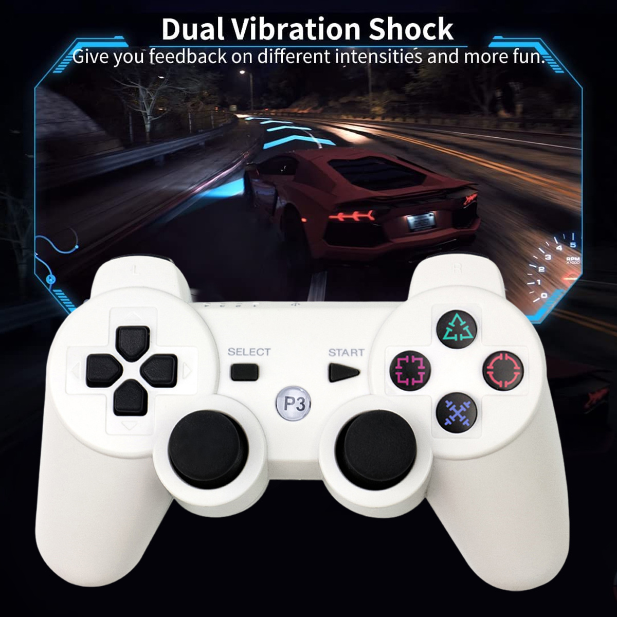 Weiße Gaming-Controller vor einem Rennspiel-Hintergrund mit rotem Sportwagen.