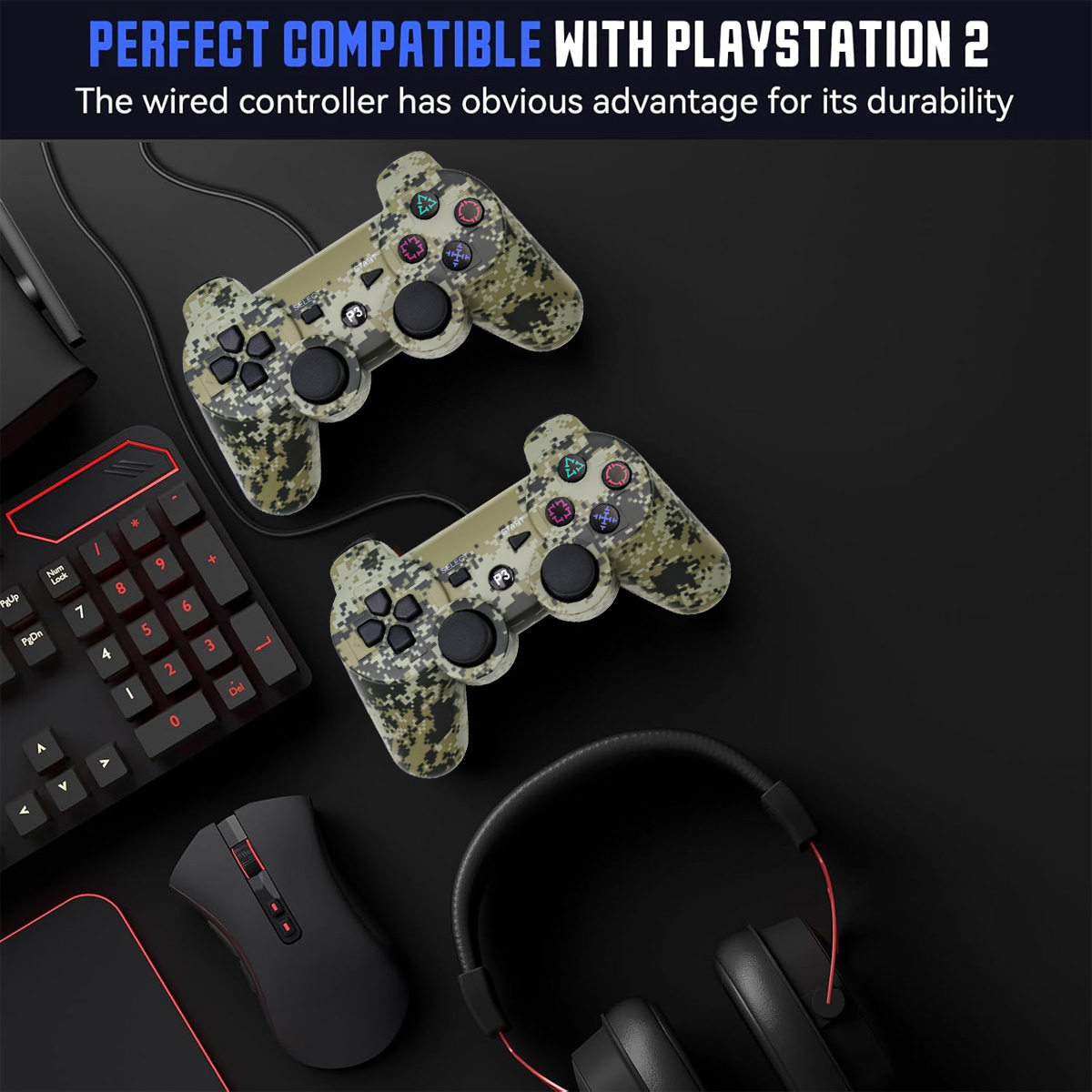 Zwei Camouflage-Controller, Tastatur, Maus und Kopfhörer auf schwarzem Hintergrund.