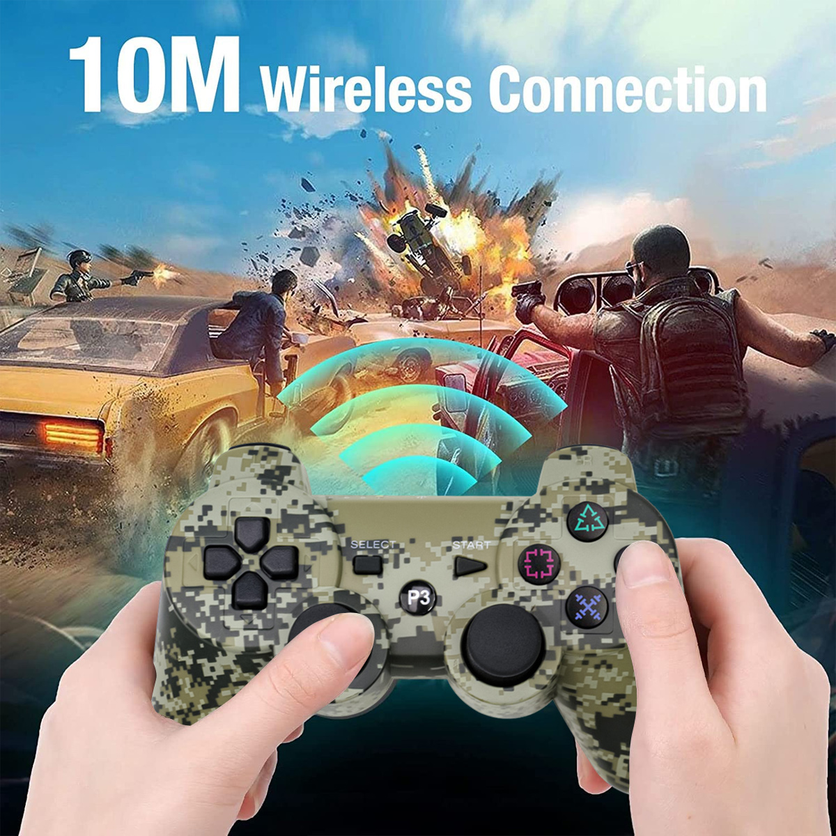Camouflage-Controller vor explosivem Spielhintergrund mit 10M-Verbindung.