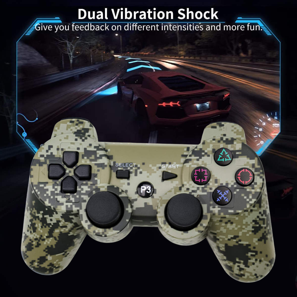 Tarnfarbener Controller vor einem Rennspielbildschirm mit einem roten Sportwagen.