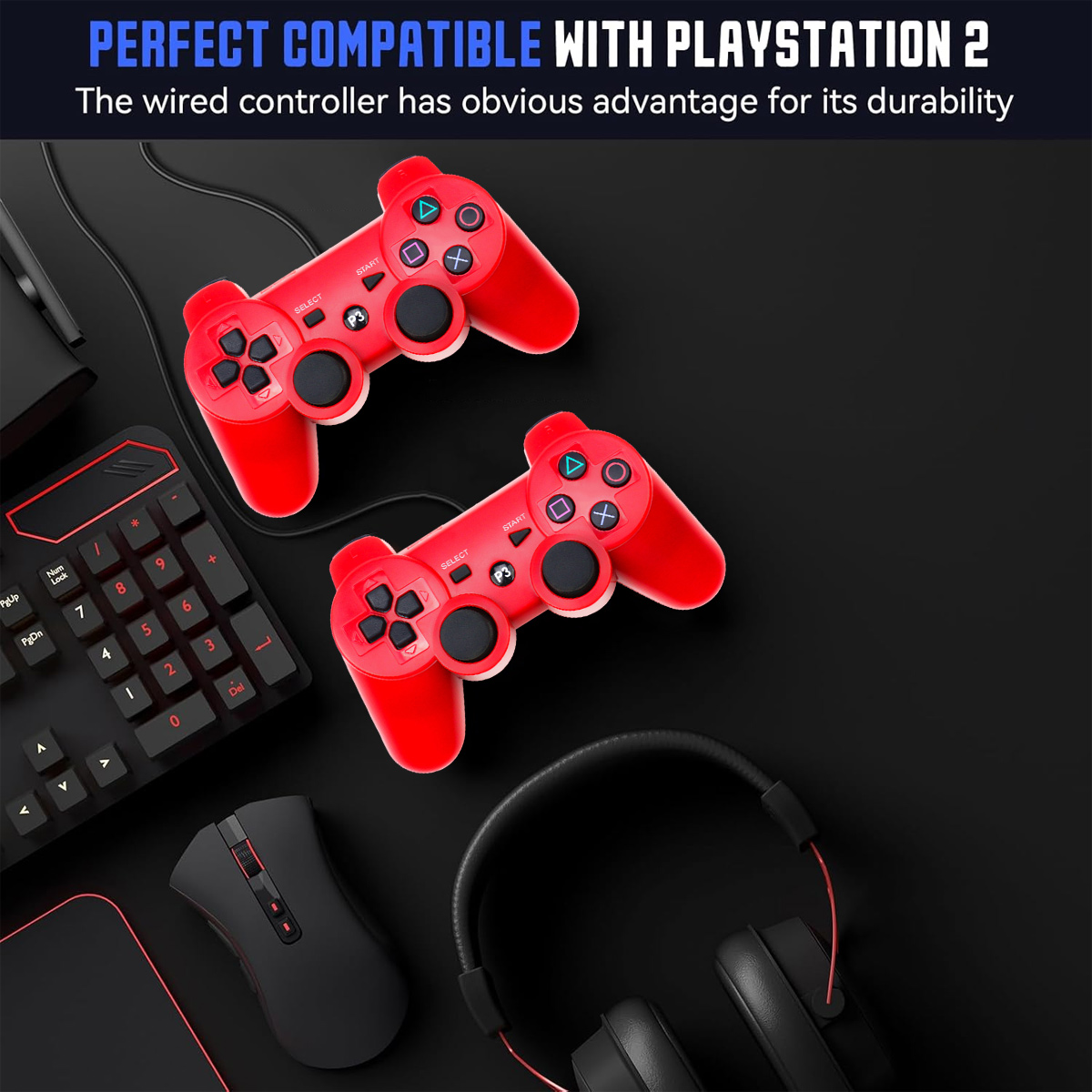 Zwei rote Controller, Tastatur, Maus und Kopfhörer auf schwarzem Hintergrund.