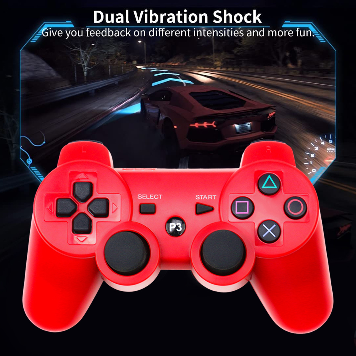 Rote Spiele-Controller im Vordergrund, Rennspiel-Szene im Hintergrund.