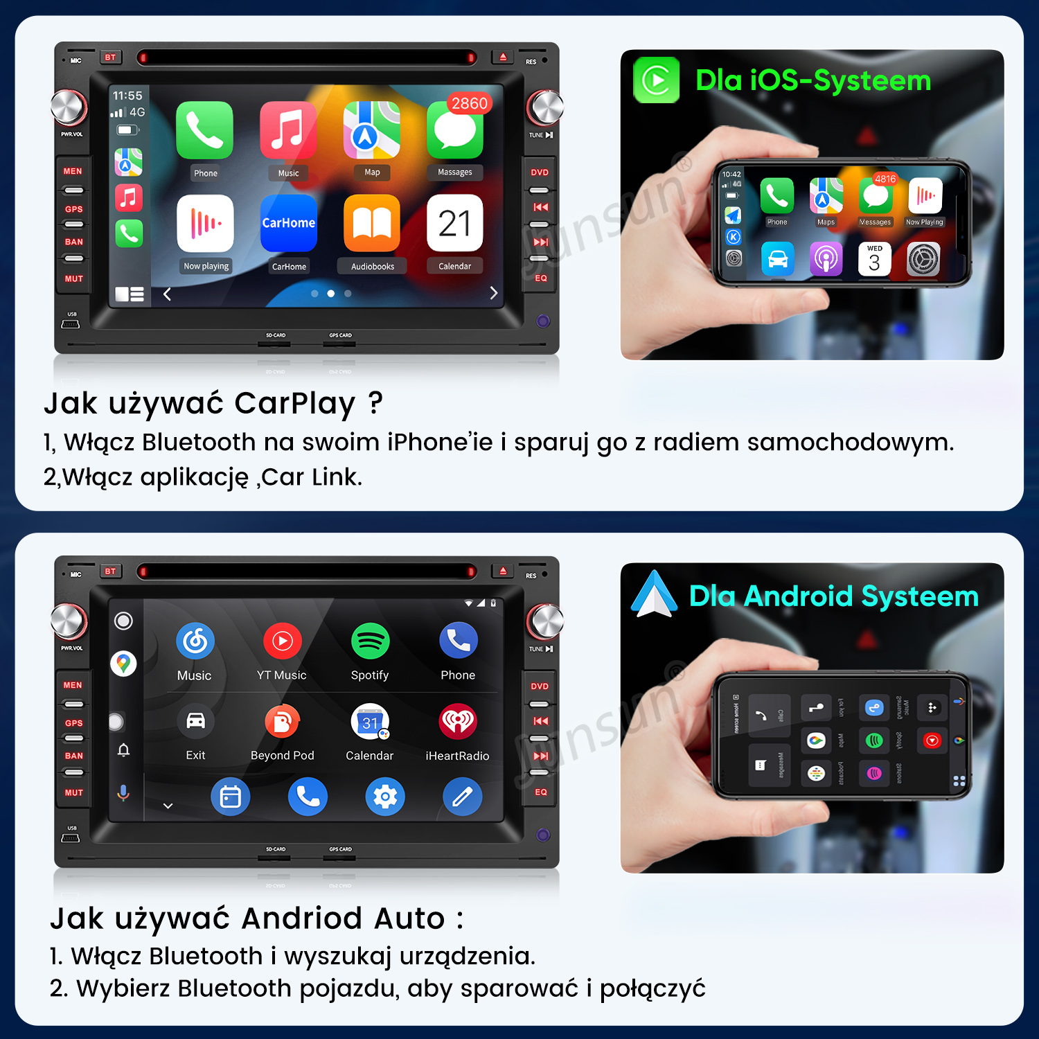 System multimedialny JUNSUN Dla VW Golf Passat Sharan Polo Tiguan Carplay Android CD/DVD 64GB czarny