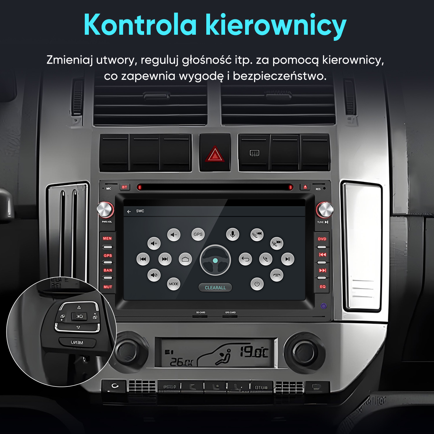 Wyświetlono radio samochodowe z ekranem dotykowym i sterowaniem z kierownicy.