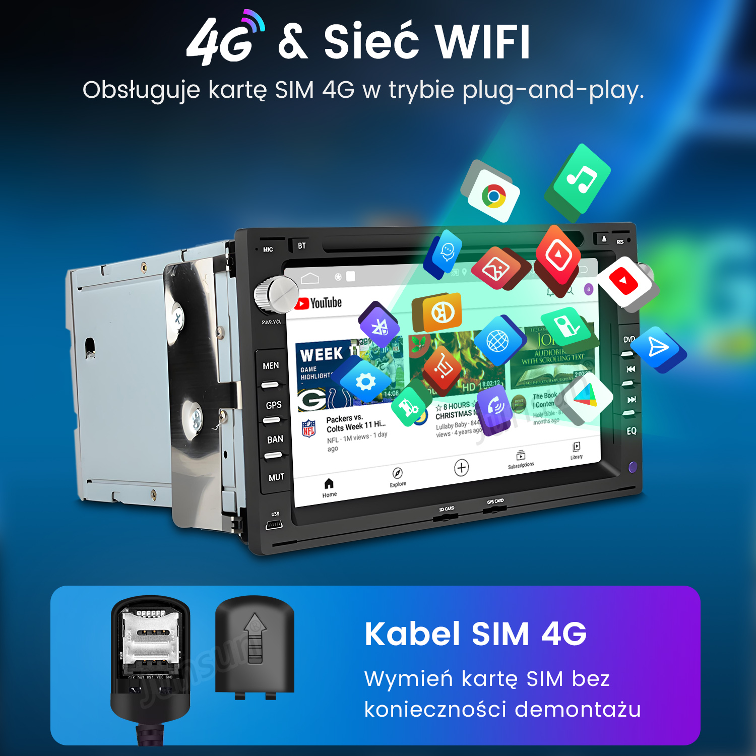 Radio samochodowe 4G i WiFi z aplikacjami, gniazdem na kartę SIM i akcesoriami.