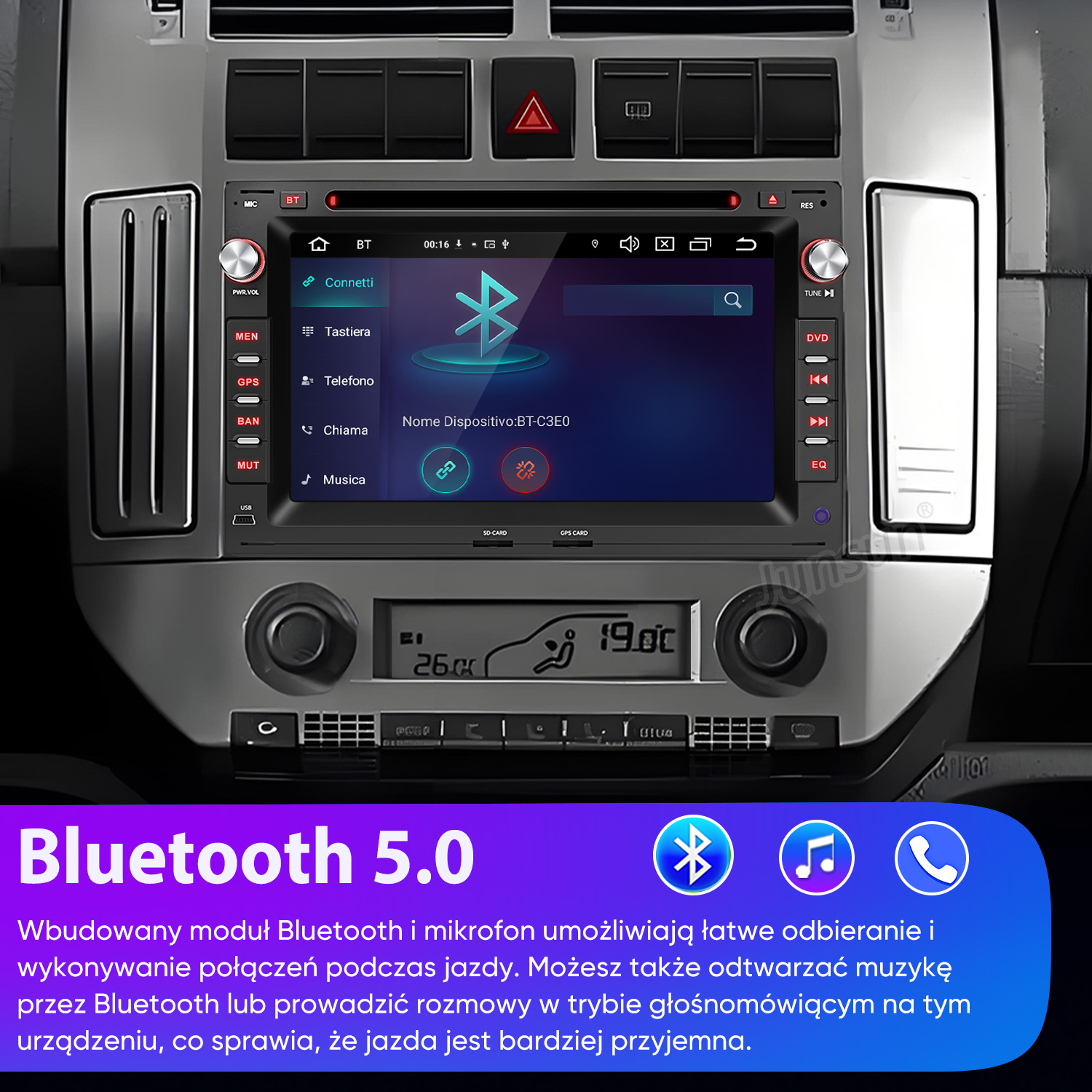 Radio samochodowe z ekranem dotykowym wyświetla połączenie Bluetooth, ikony telefonu i muzyki.