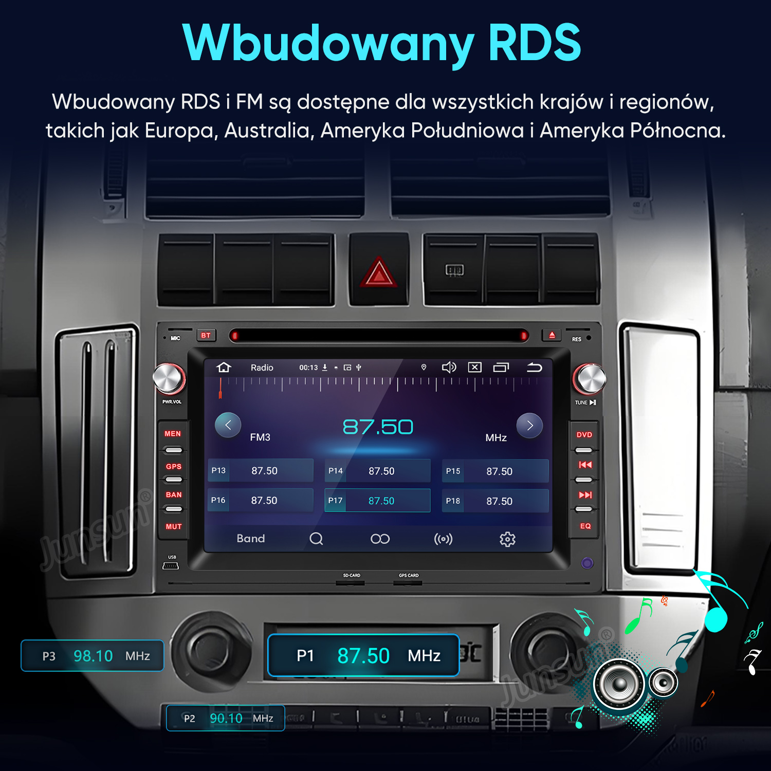 Ekran radia samochodowego pokazuje FM3 przy 87.50 MHz i ustawienia stacji.
