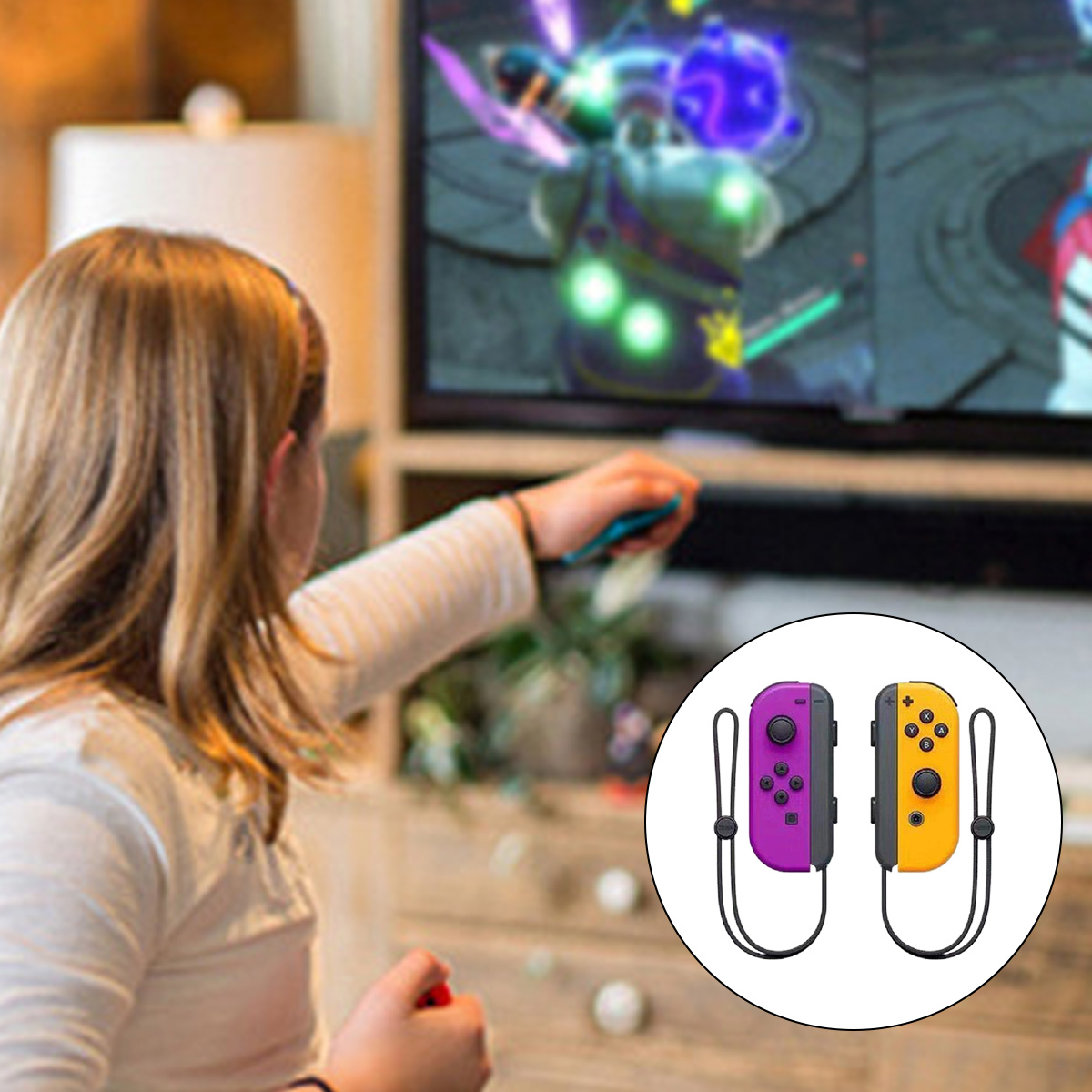 Mädchen spielt Videospiel mit lila und gelben Controllern.