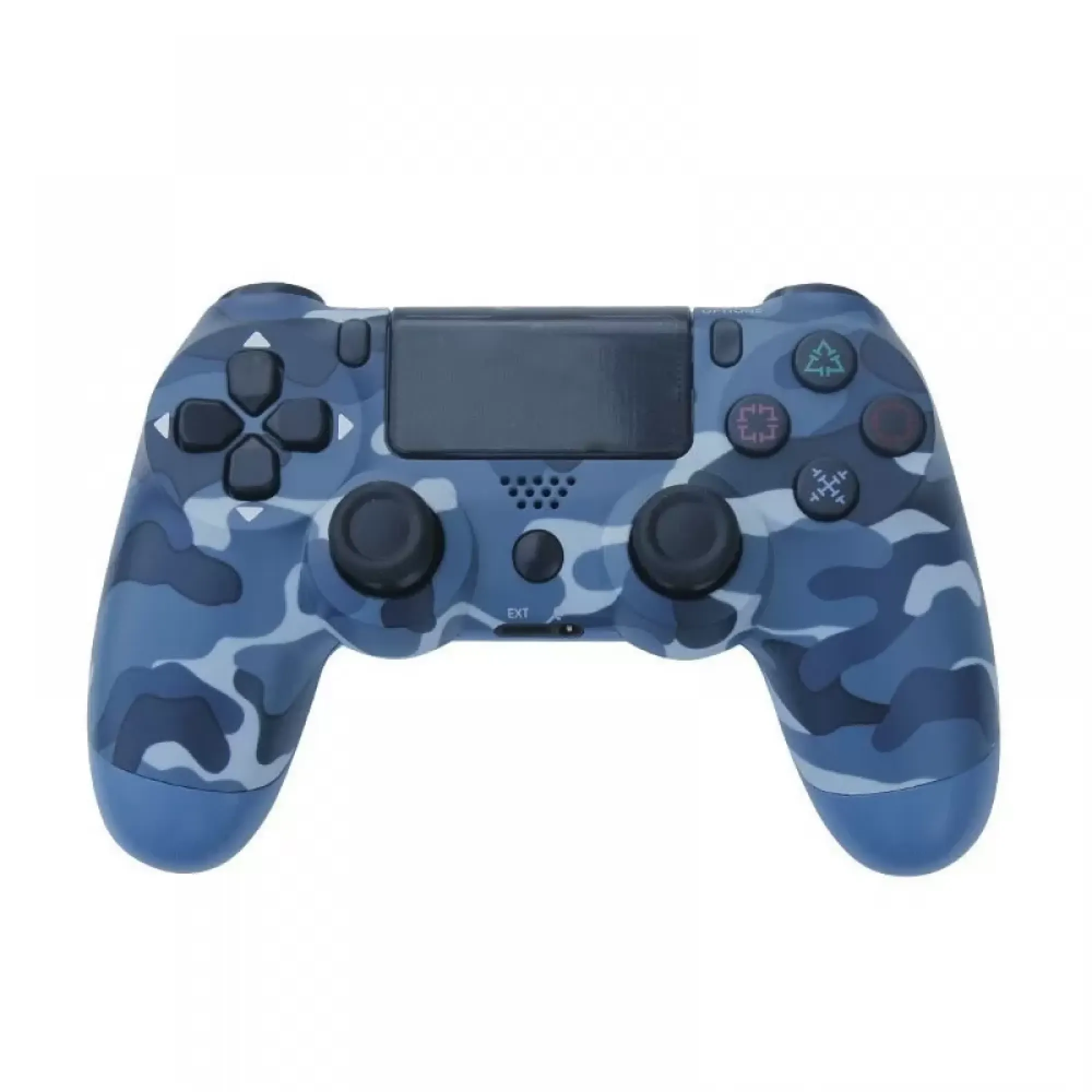 Ein blauer Camouflage-Controller für Spielekonsolen mit schwarzen Knöpfen.