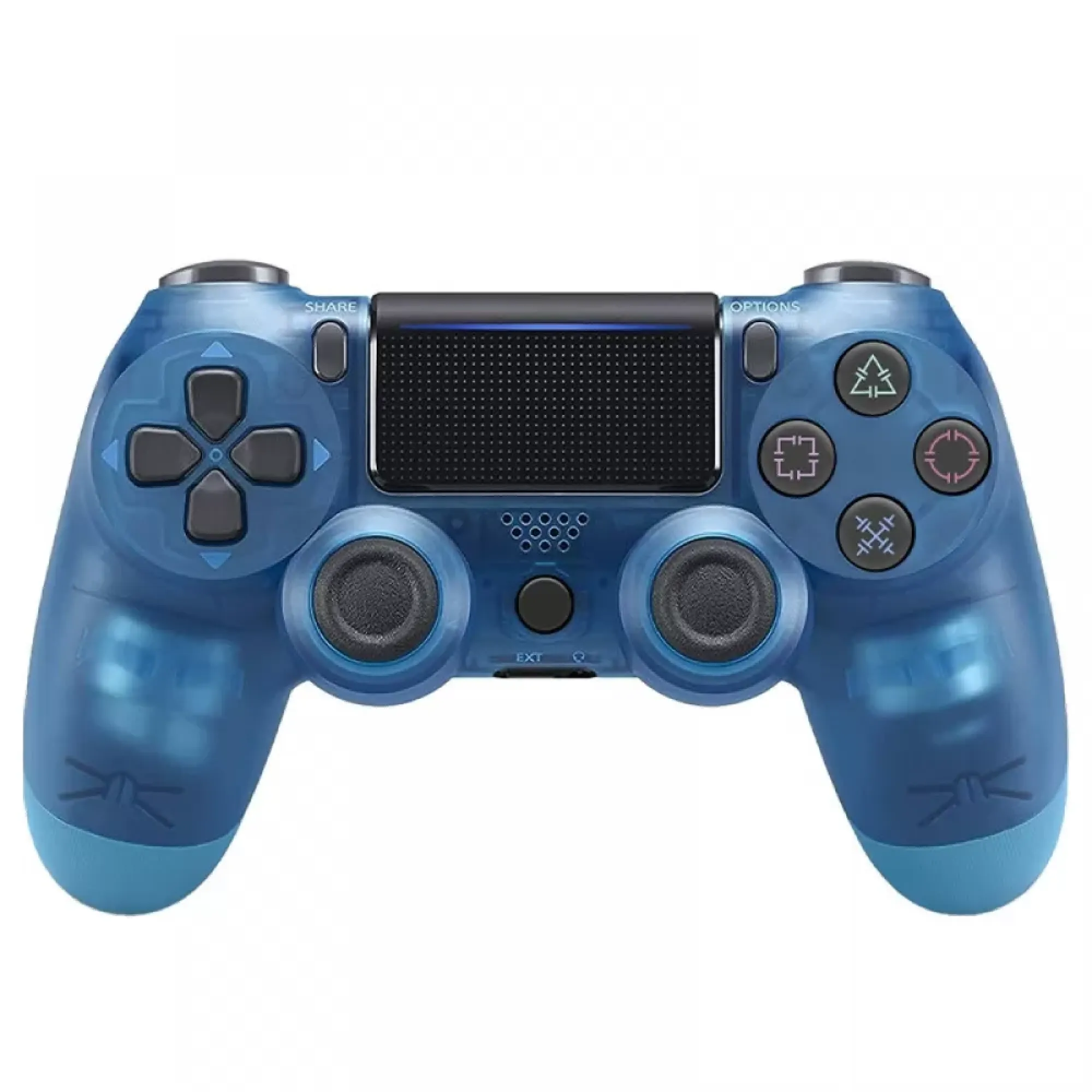 Ein durchsichtiger blauer Gamecontroller mit schwarzen Tasten und Joysticks.