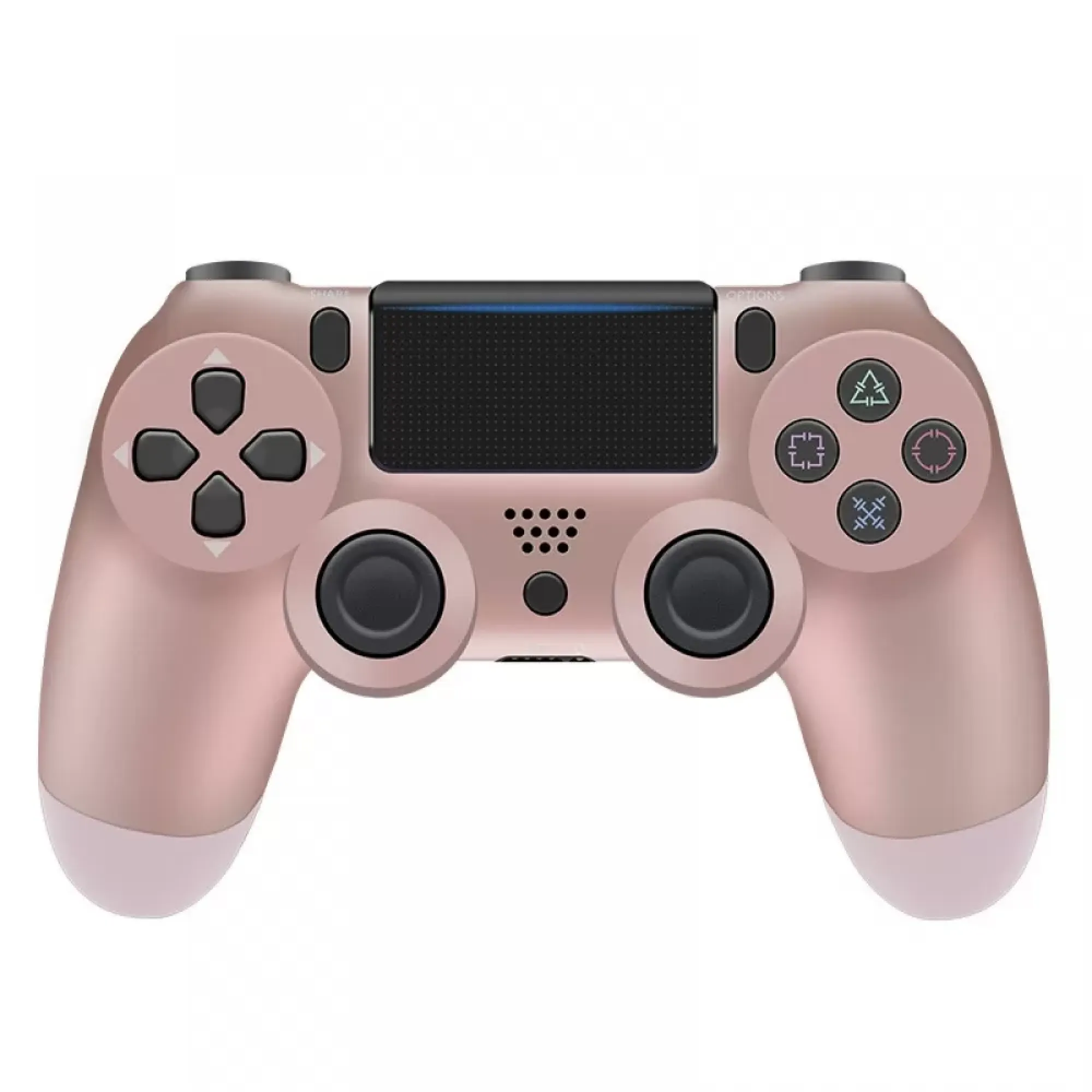 Ein roségoldener Controller mit schwarzen Knöpfen und einem Touchpad.