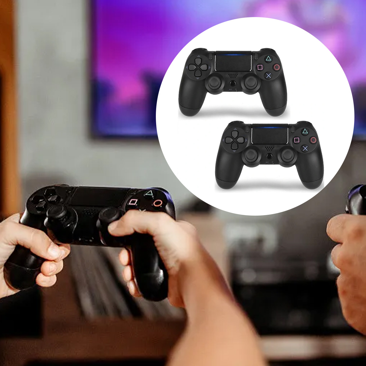Zwei schwarze Controller liegen vor einem verschwommenen Fernseher.