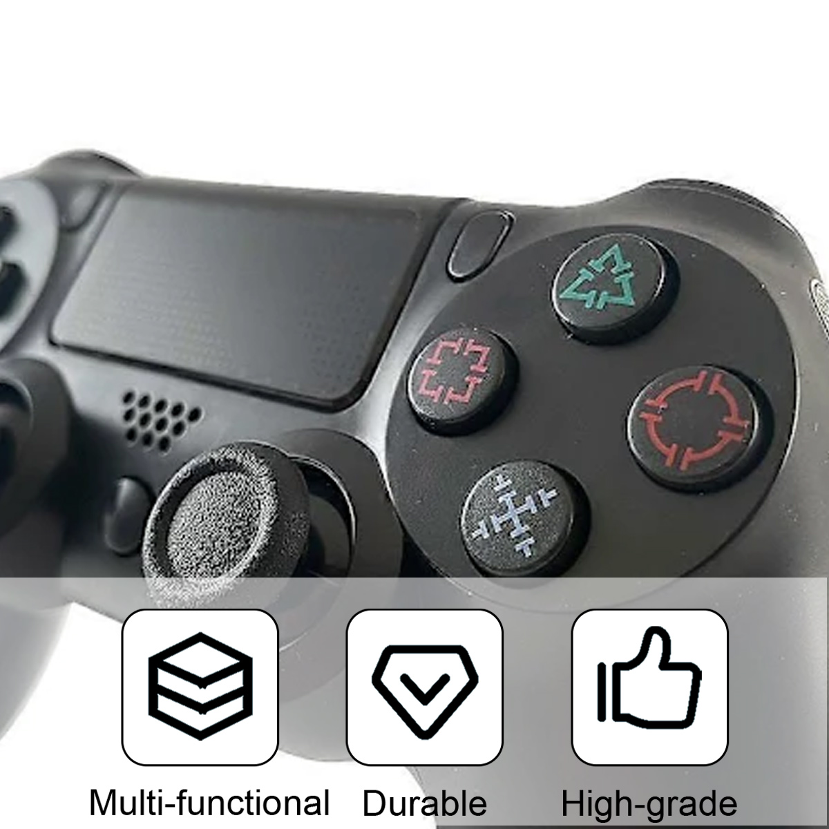 Schwarzer Gamecontroller mit farbigen Tasten und Symbolen: multifunktional, langlebig, hochwertig.