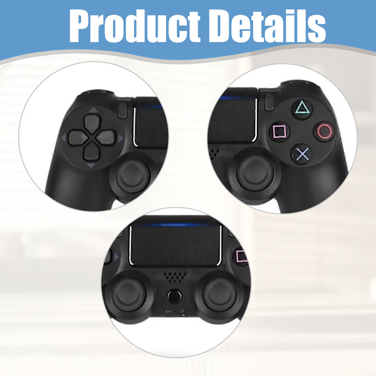 Nahaufnahme eines schwarzen Controllers mit detaillierten Tastenansichten.