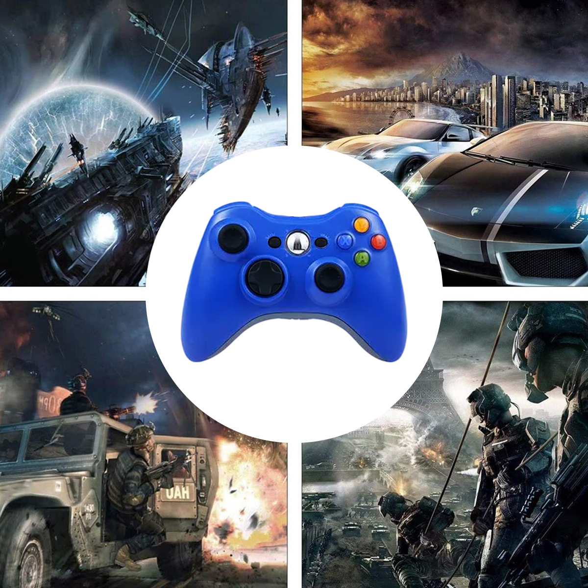 Ein blauer Controller in der Mitte, umgeben von Spielszenen: Raumschiffe, Autos, Soldaten.