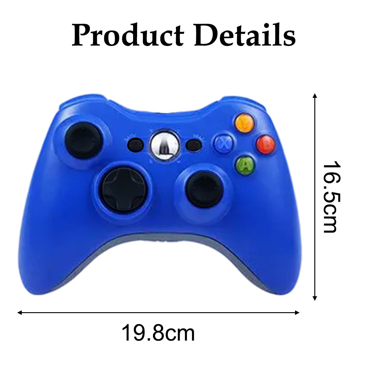 Ein blauer Gamecontroller mit Maßen 19,8 cm und 16,5 cm wird gezeigt.