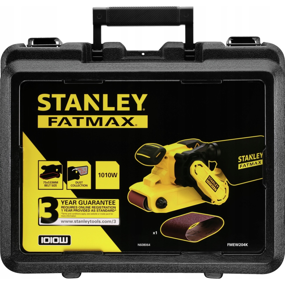 Szlifierka taśmowa Stanley Fatmax w czarnym kufrze ze szczegółami produktu i informacjami o gwarancji.
