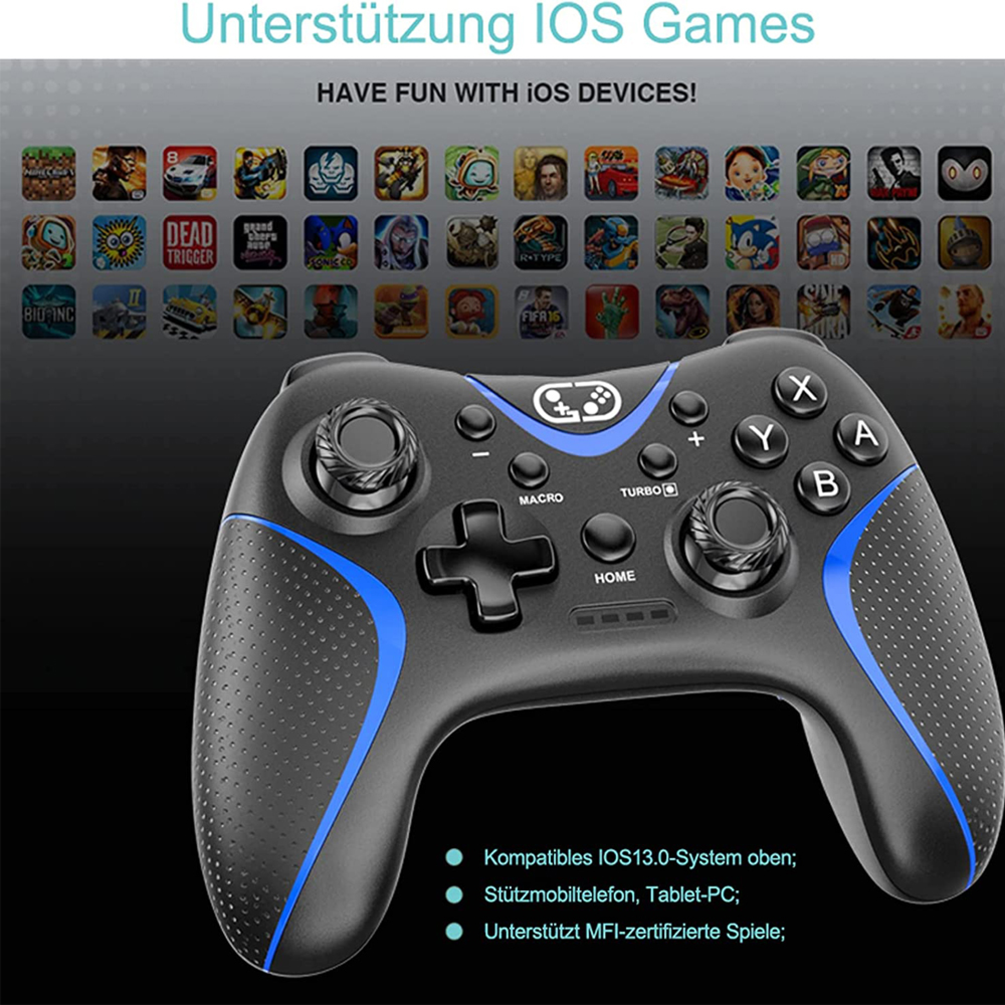 Schwarzer Controller mit blauen Akzenten vor iOS-Spielsymbolen. Unterstützt iOS 13.