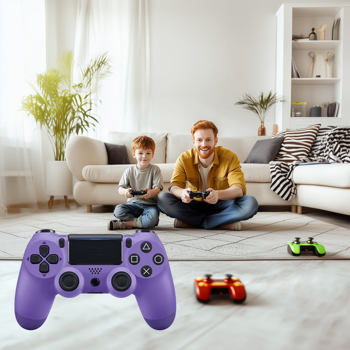 Vater und Sohn spielen Videospiele auf dem Boden in einem Wohnzimmer mit Controllern.