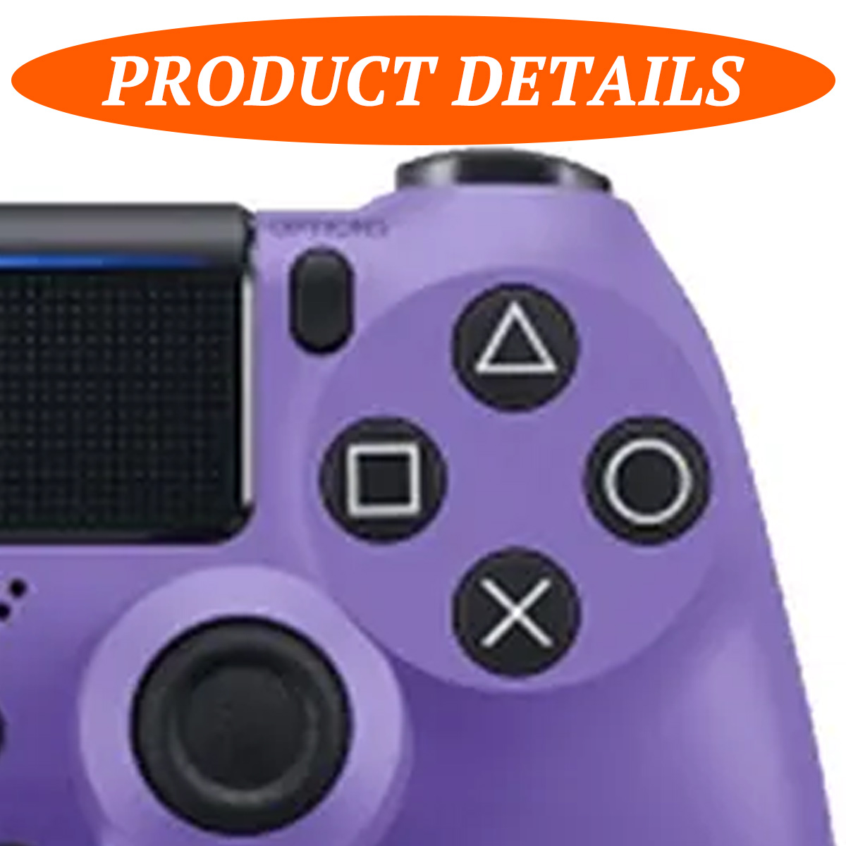 Lila Gamecontroller mit Knöpfen: Dreieck, Quadrat, Kreis, X, und Analogstick.