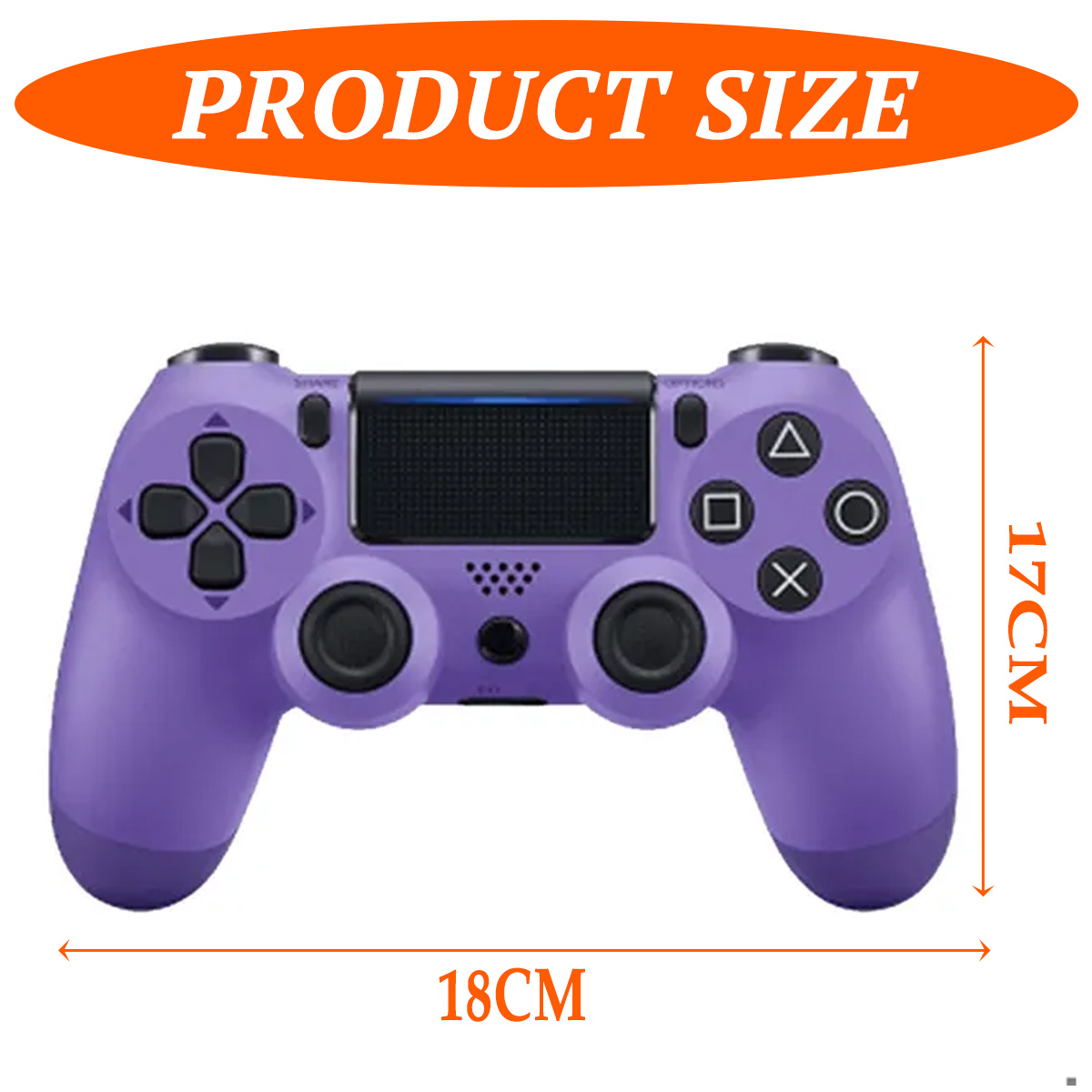 Lila Controller misst 18x17cm. Produktgrößeninfo.