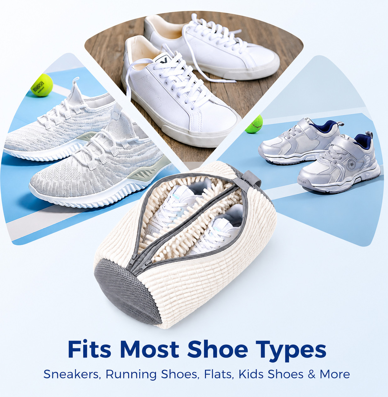 Torba na buty pokazuje różne białe i srebrne buty, sneakersy i buty tenisowe.
