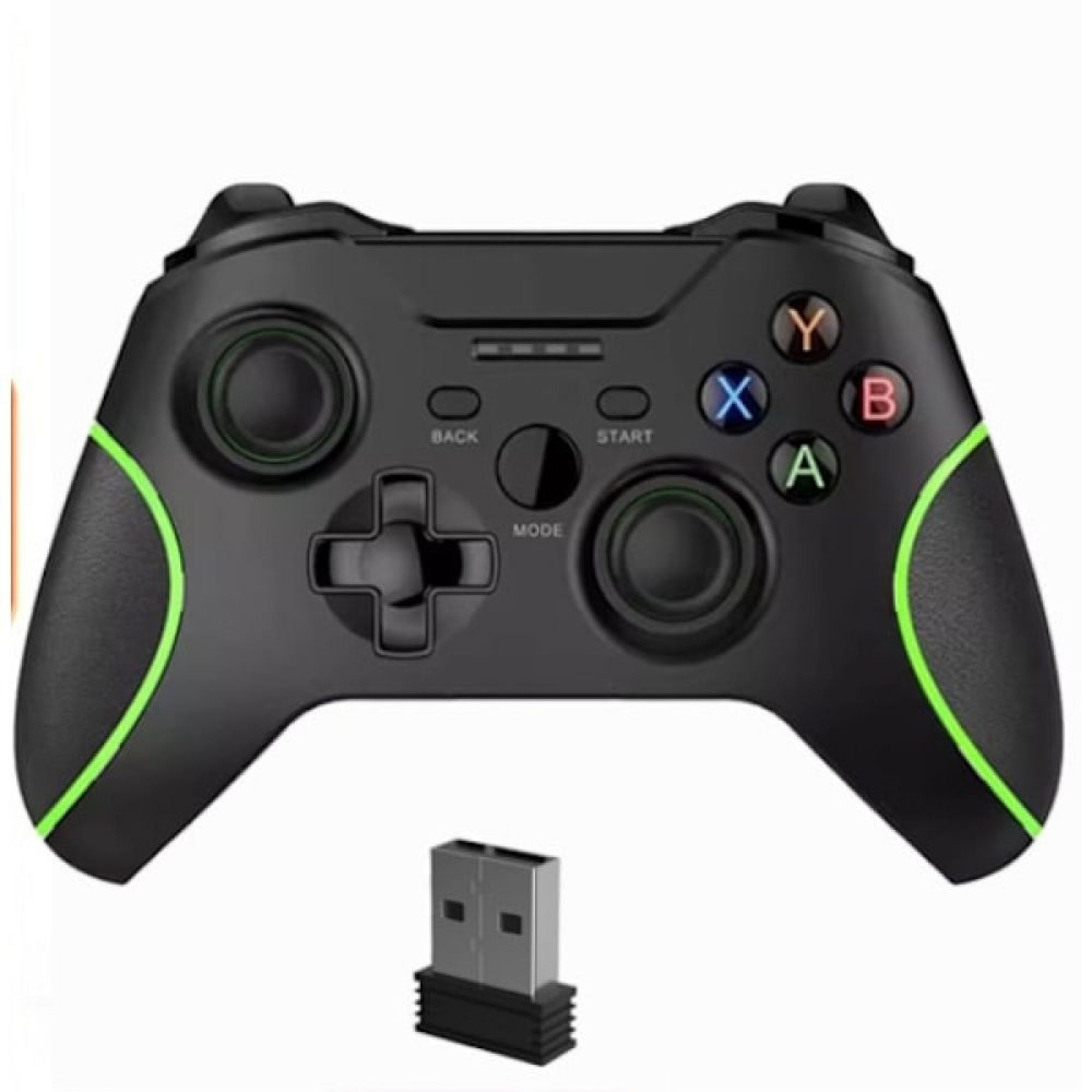 Schwarzer Gaming-Controller mit grünen Akzenten und USB-Dongle.