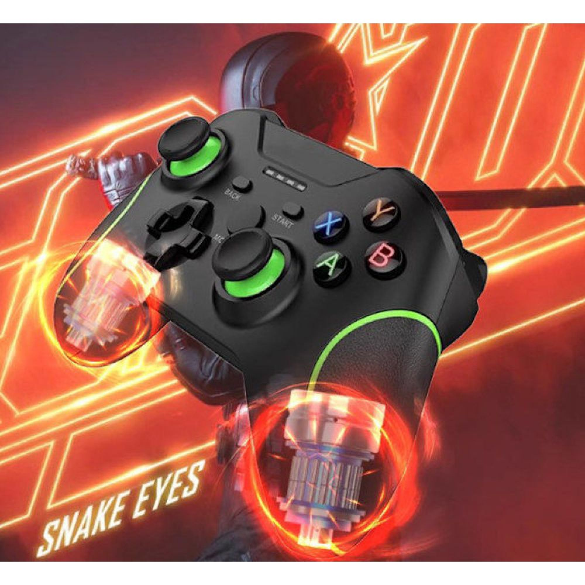 Ein schwarzer Controller mit grünen Akzenten vor einem roten Hintergrund mit Lichtlinien.