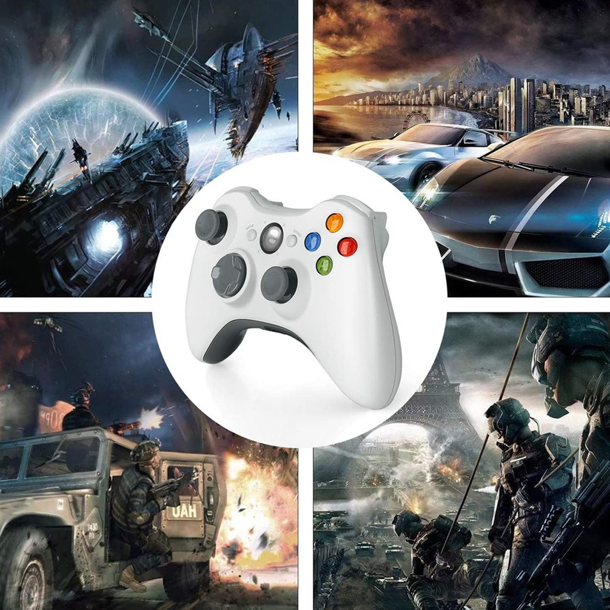 Ein weißer Controller vor Collage aus Spielen: Sci-Fi, Autos, Soldaten.