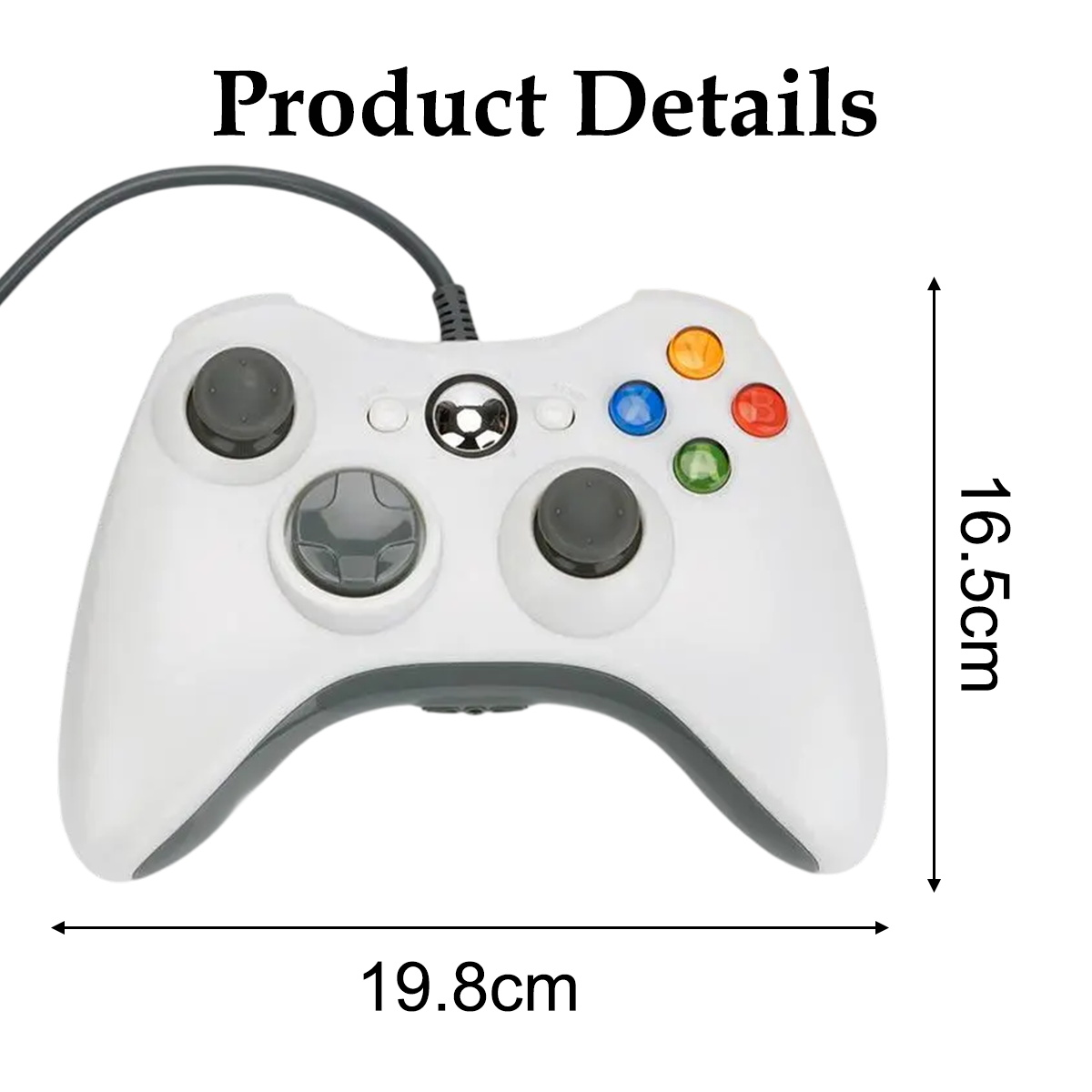 Ein weißer Xbox 360 Controller mit Kabel, 19,8 cm breit, 16,5 cm hoch.