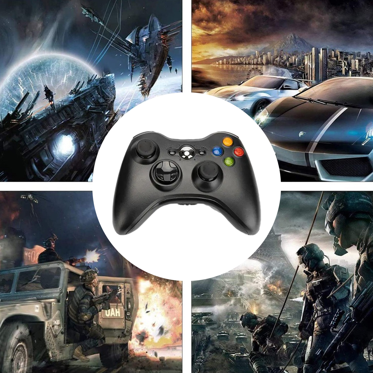 Ein schwarzer Xbox 360 Controller vor Bildern von Videospielen.