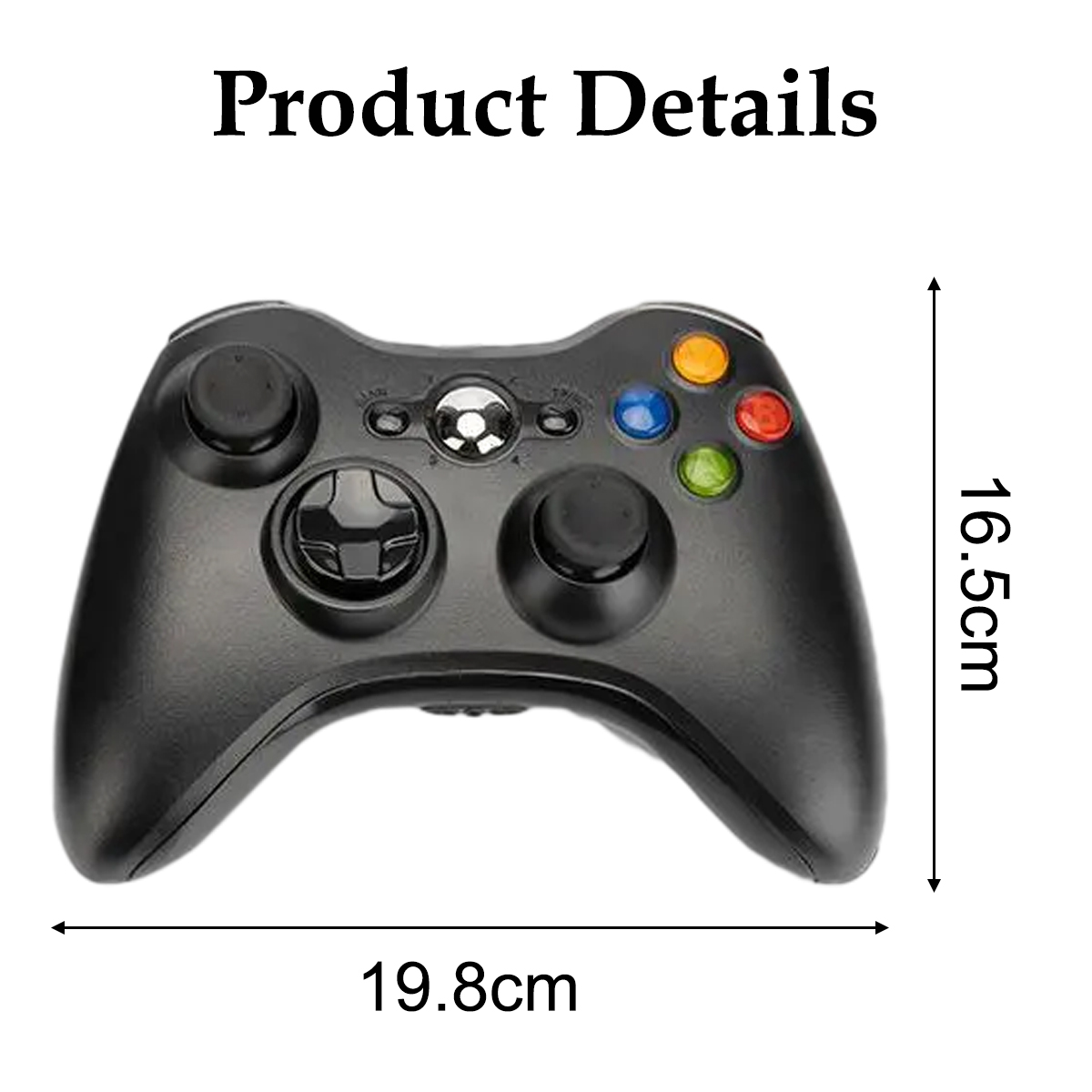 Schwarzer Xbox 360 Controller mit Abmessungen 19.8cm x 16.5cm.