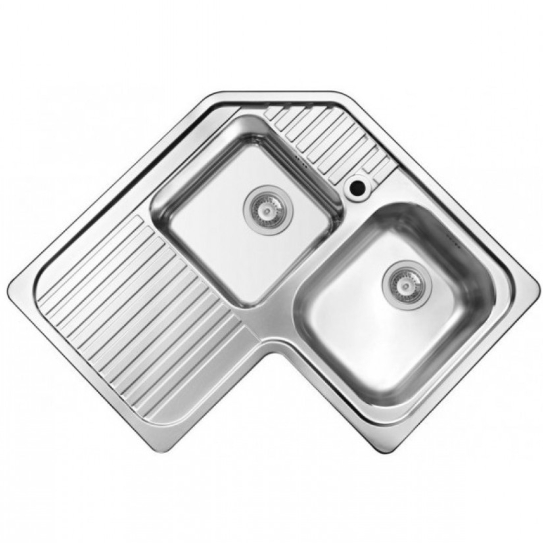 Lavello angolare in acciaio inox con scolapiatti e due vasche.
