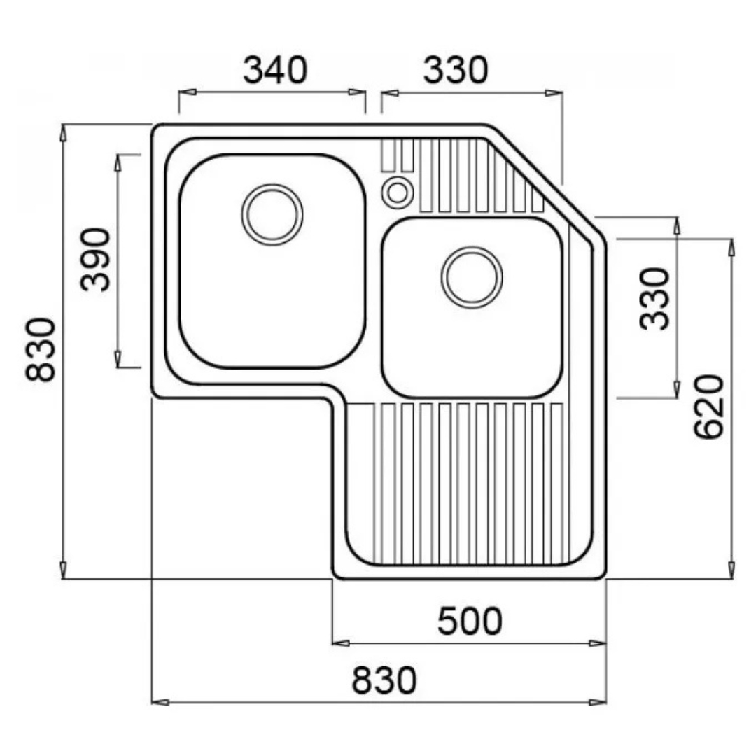 Disegno tecnico di un lavello angolare con due vasche e scolapiatti.