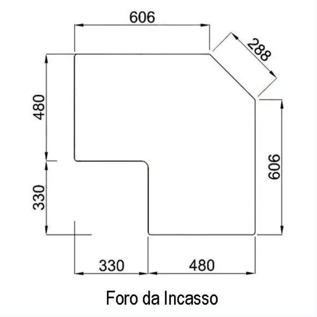 Diagramma che mostra un ritaglio a forma di L con dimensioni. Titolo: Foro da Incasso.
