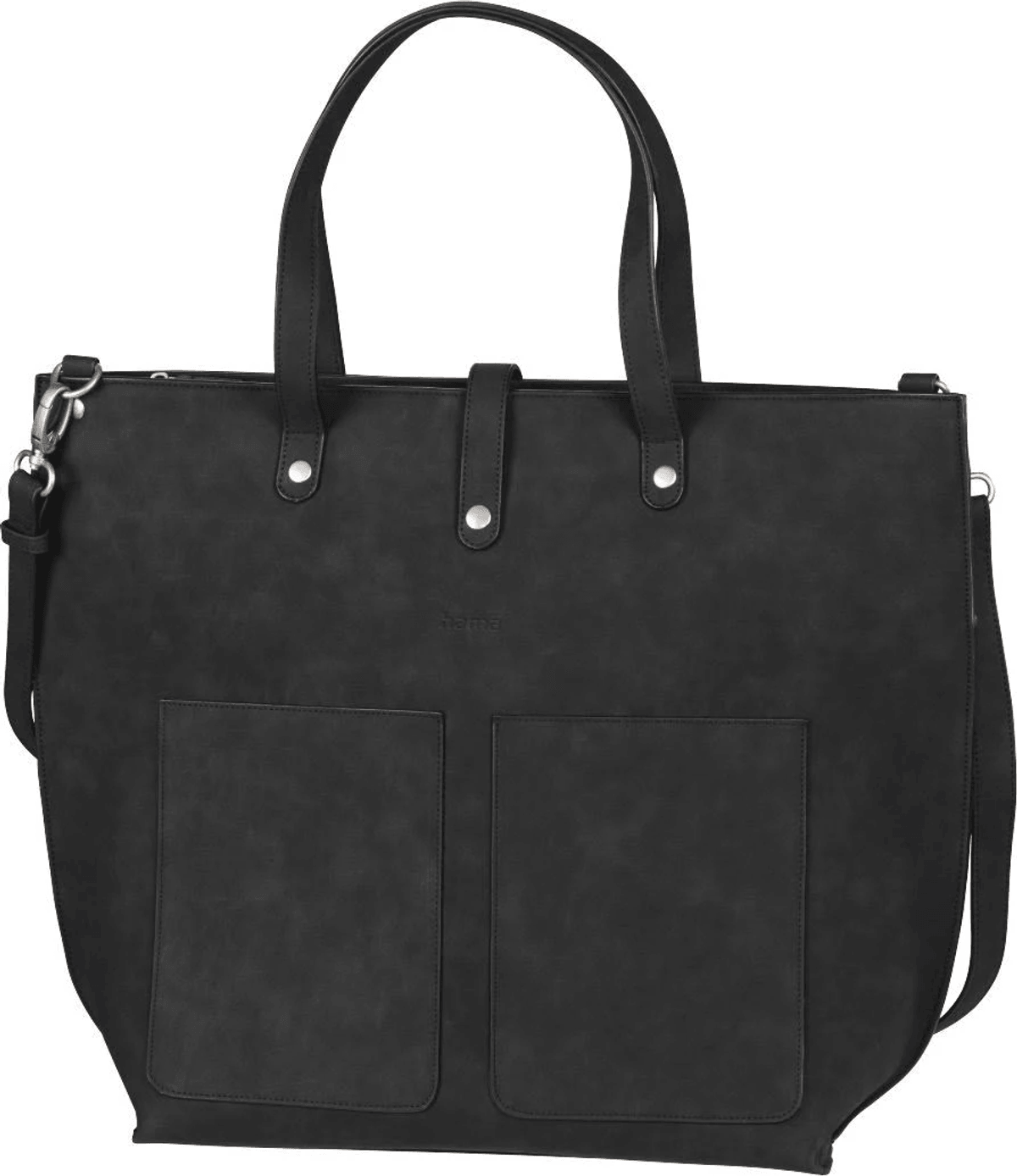 Borsa tote nera con due tasche frontali, manici e tracolla.