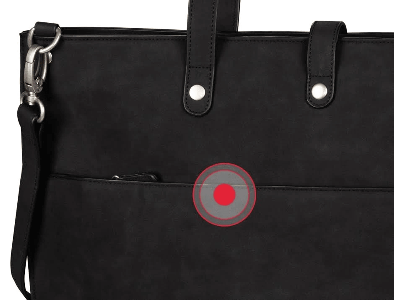 Borsa nera con chiusura argentata, manici e design a cerchio rosso.