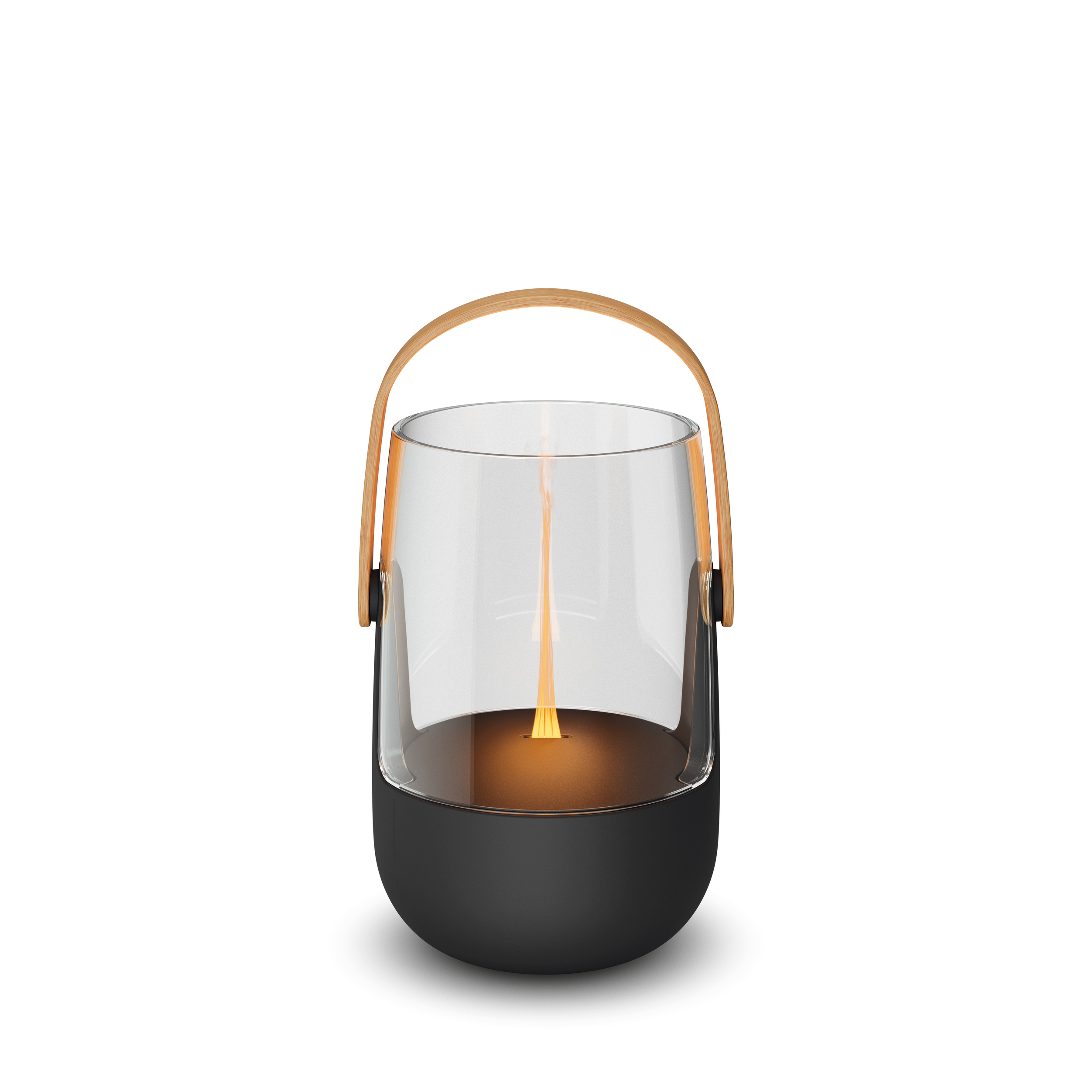 Black lantern with glass cylinder, wooden handle, and a burning flame.