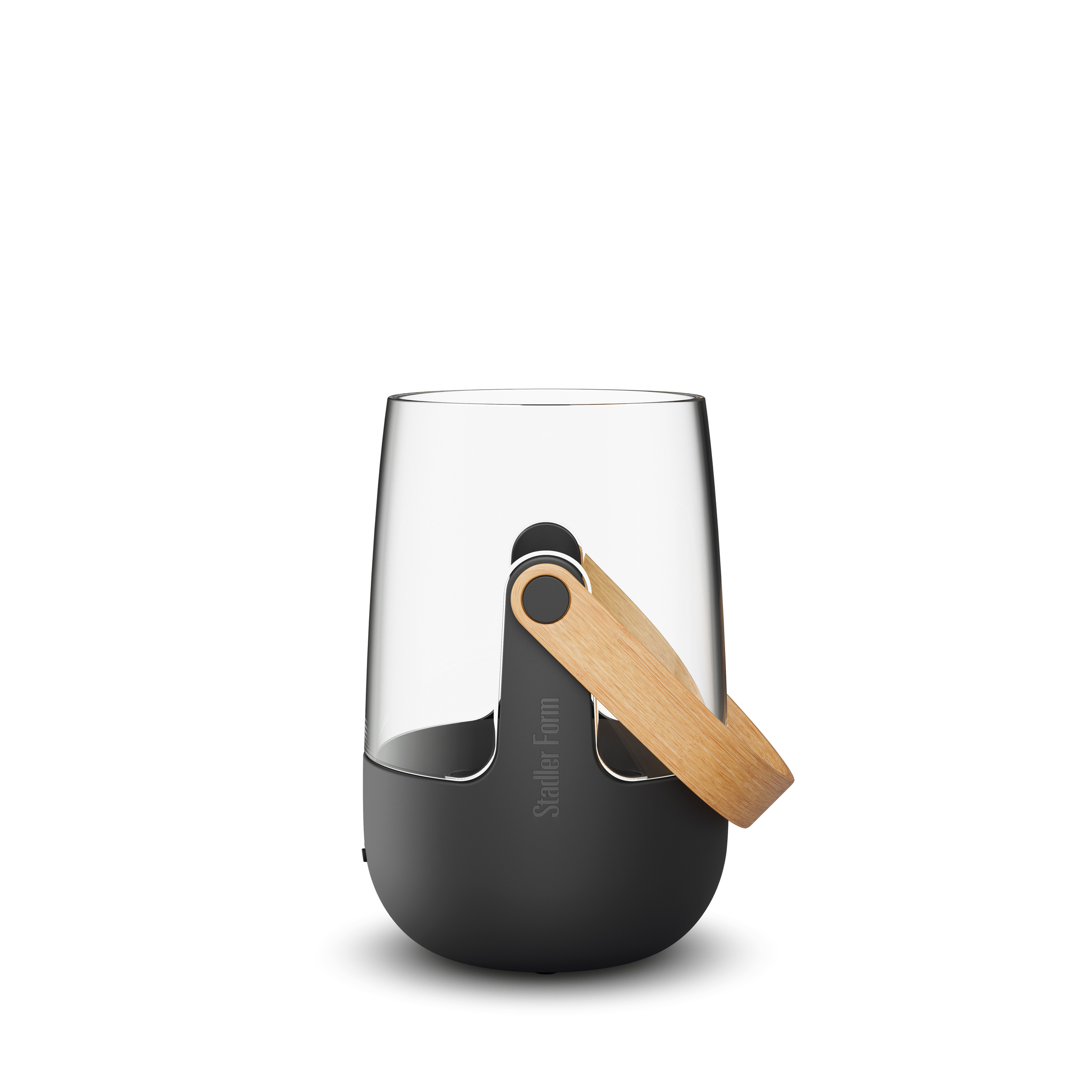 A gray lantern with glass and a wooden handle rests on a white background.