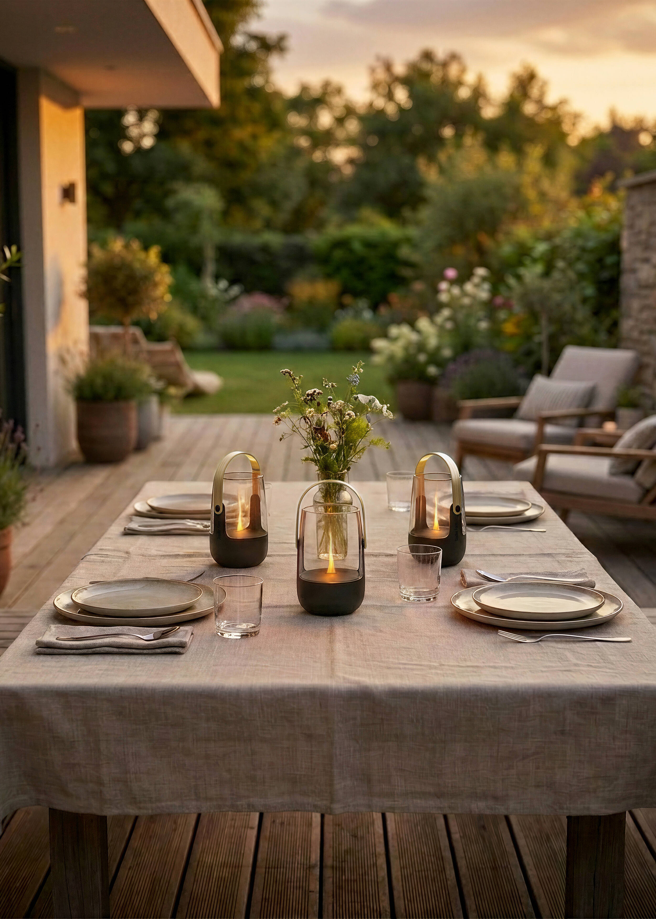An outdoor table setting with lanterns and flowers at sunset.