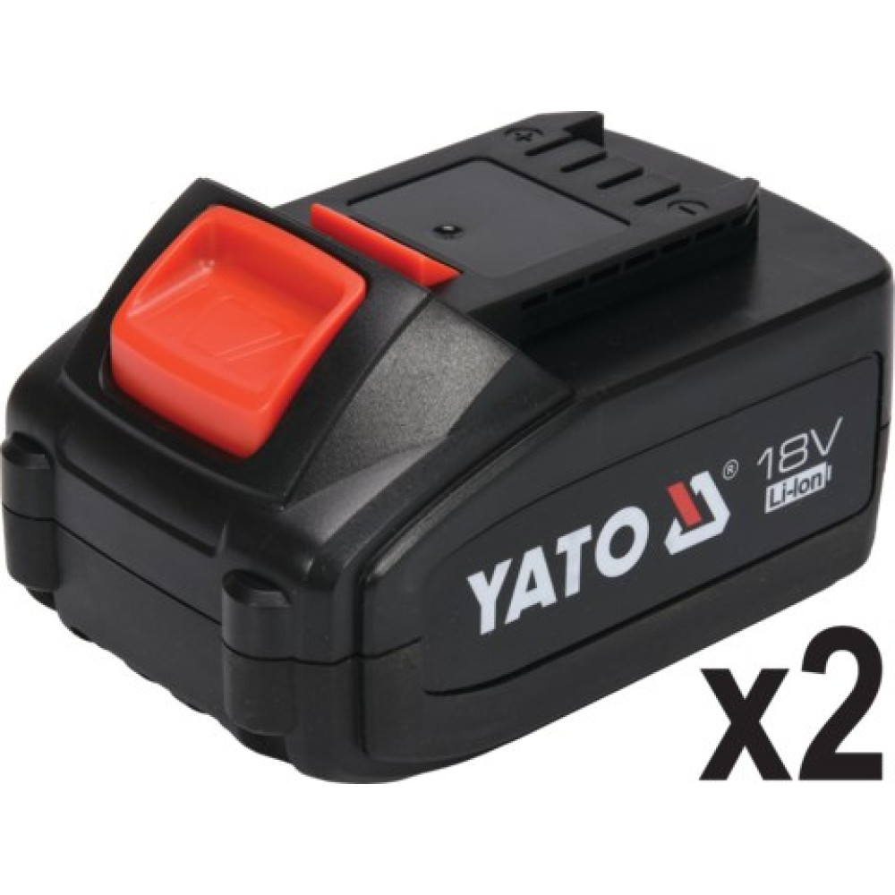 Czarny akumulator Yato 18V Li-Ion z czerwonym przyciskiem zwalniającym, X2.