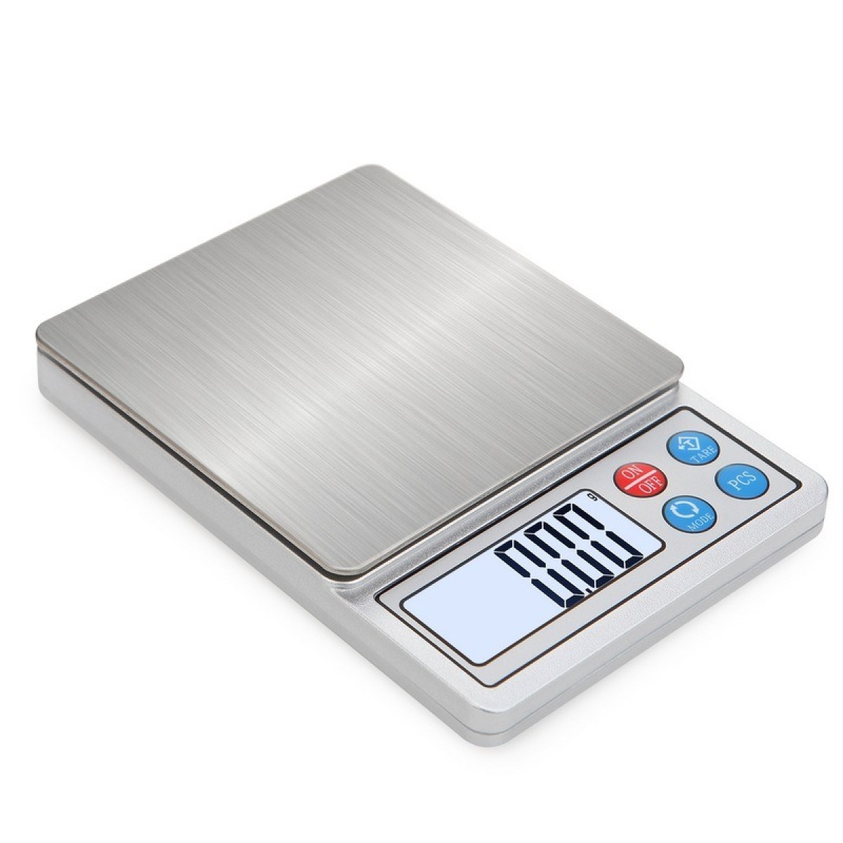 Eine silberne Digitalwaage mit gebürsteter Metalloberfläche und digitaler Anzeige von 0,00.
