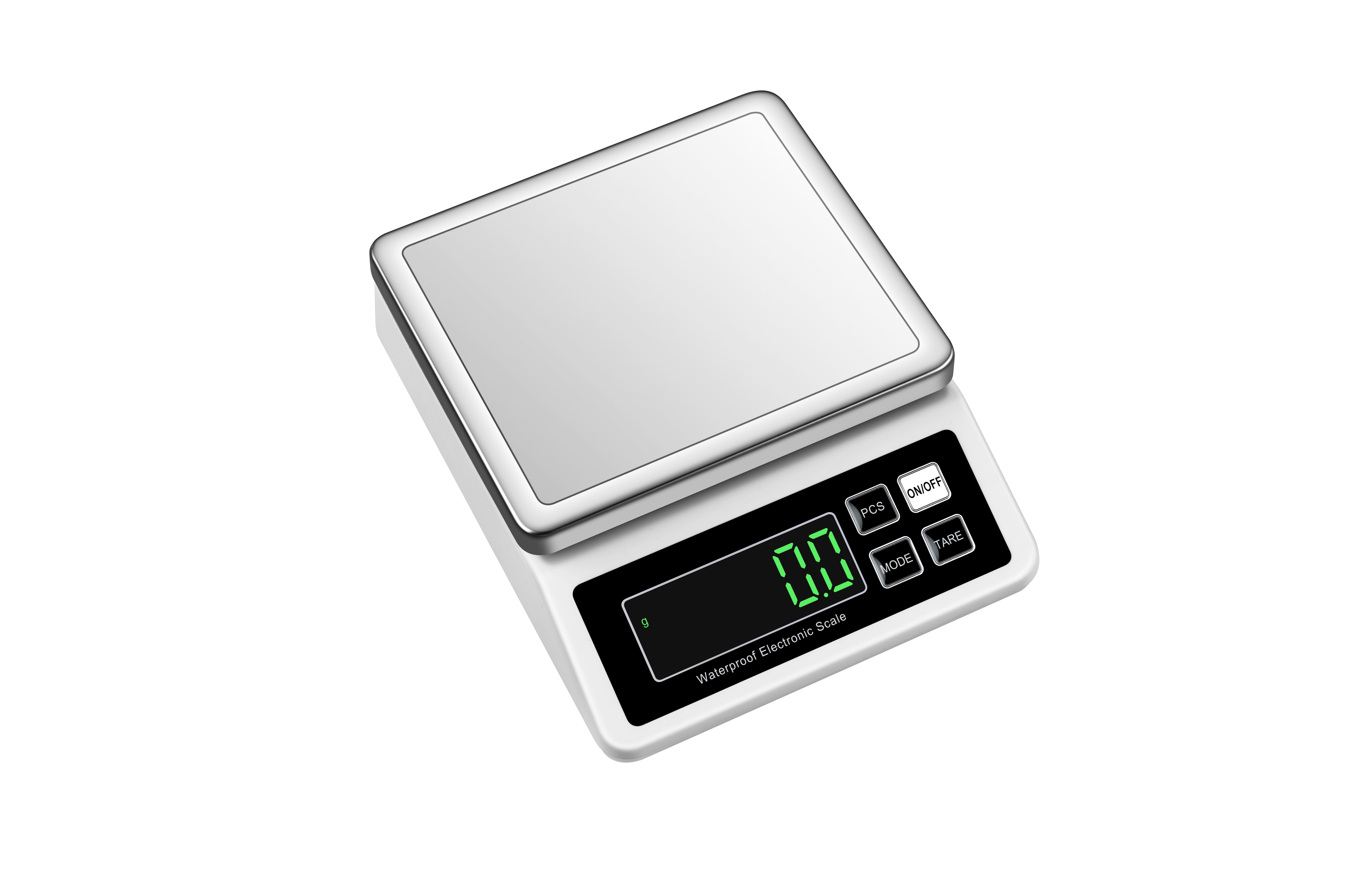 Eine digitale Küchenwaage mit silberner Wiegefläche und schwarzem Display.