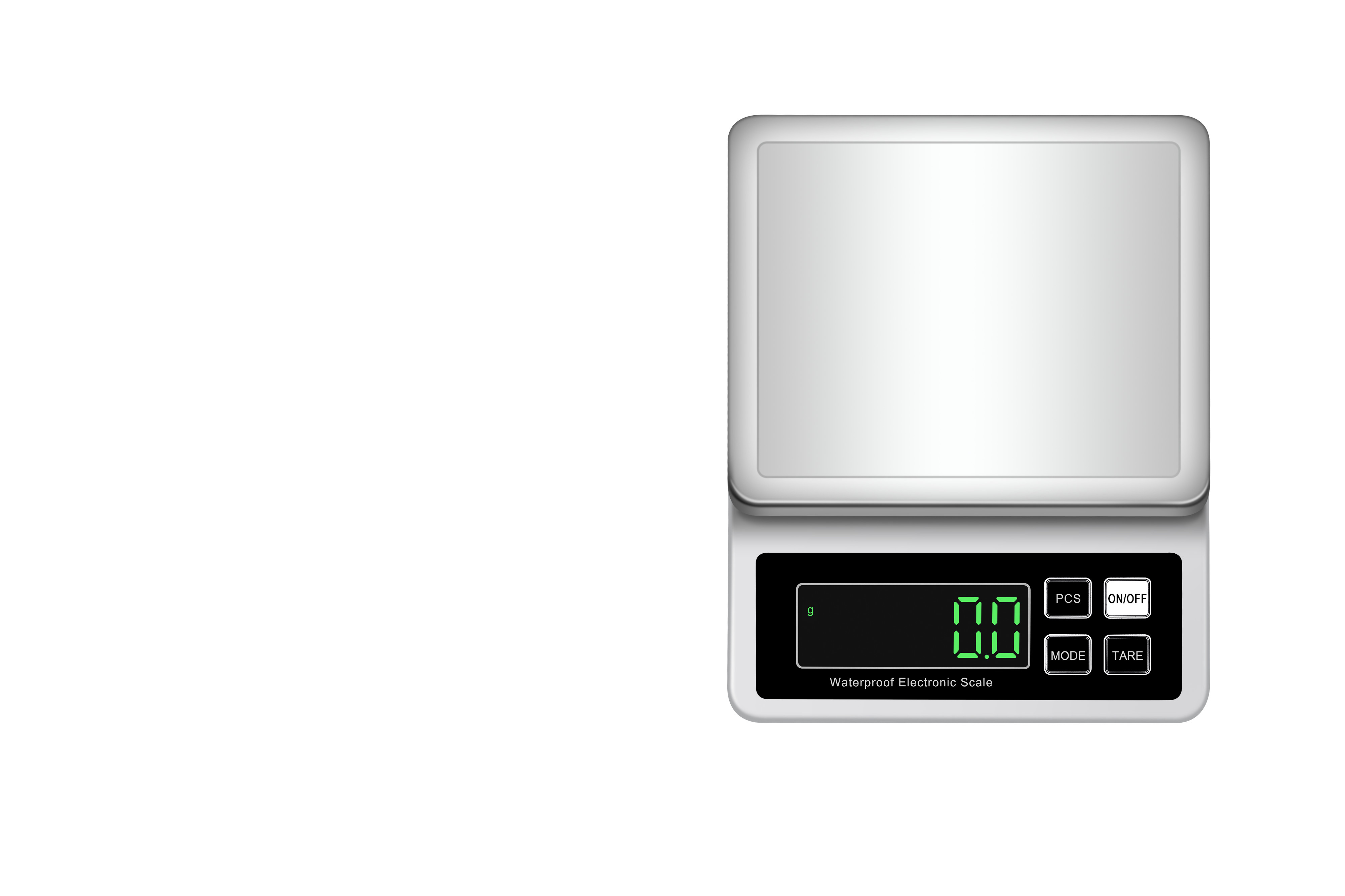 Eine weiße digitale Waage mit einem schwarzen Display, das 0,0 anzeigt.