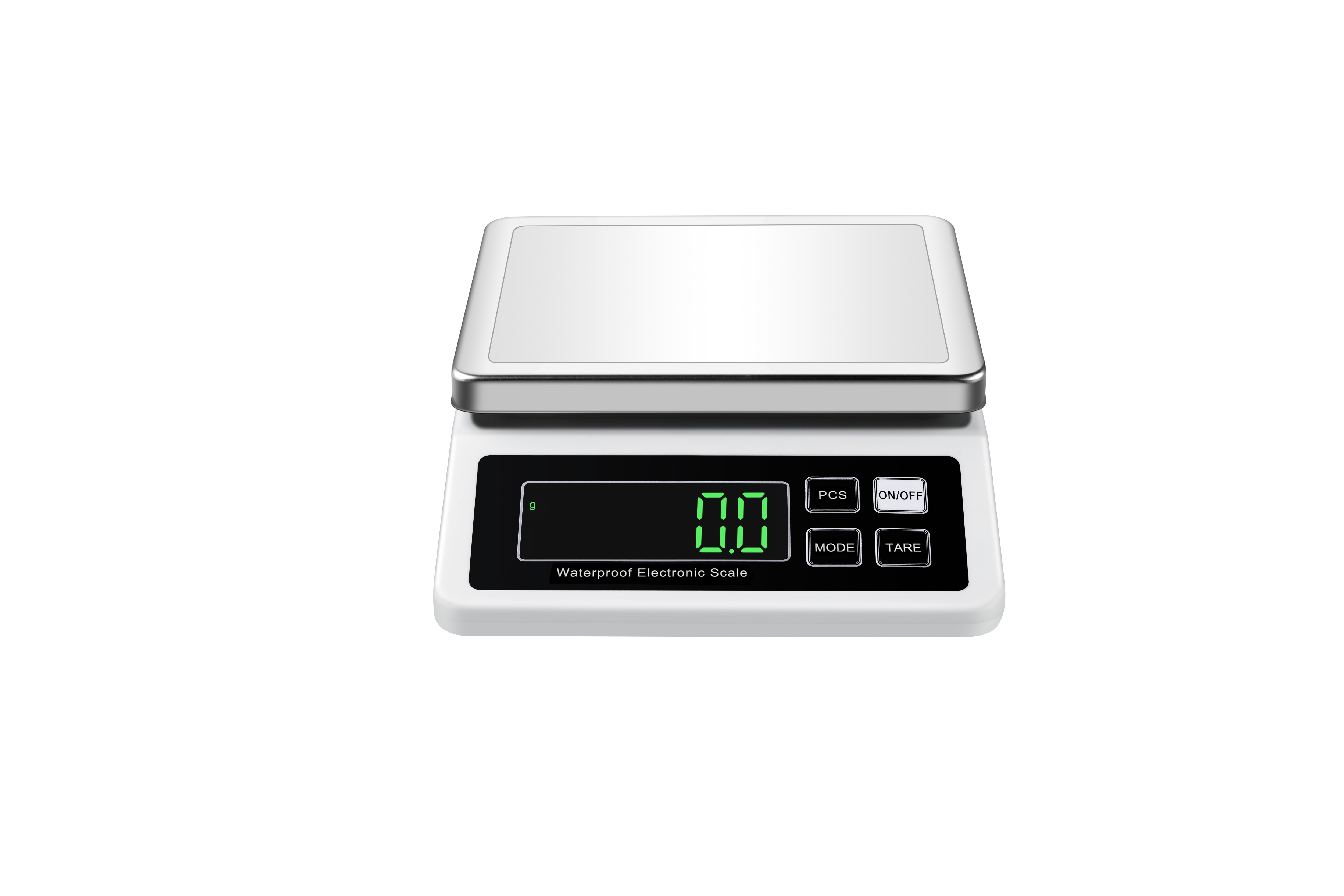Eine weiße elektronische Waage mit silberner Wiegefläche und schwarzem Display.