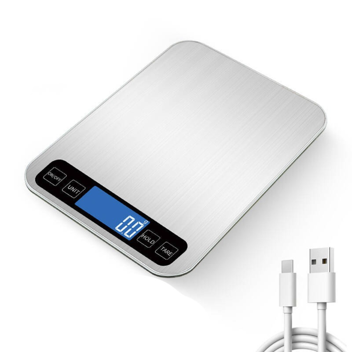 Eine digitale Küchenwaage aus Edelstahl mit blauem Display und USB-Kabel.