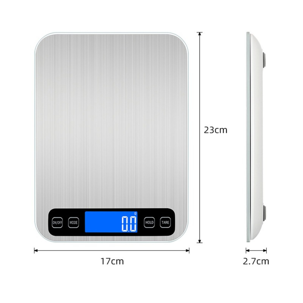 Digitale Küchenwaage aus Metall, 17x23cm, 2,7cm dick, mit blauer LCD-Anzeige.