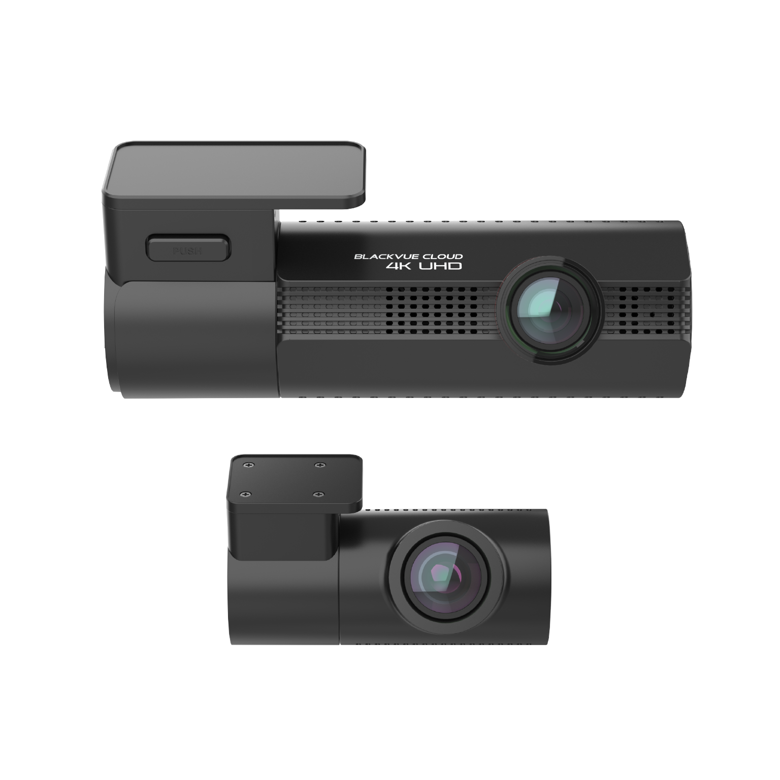 Twee zwarte dashcams, de ene boven de andere. De bovenste is groter.