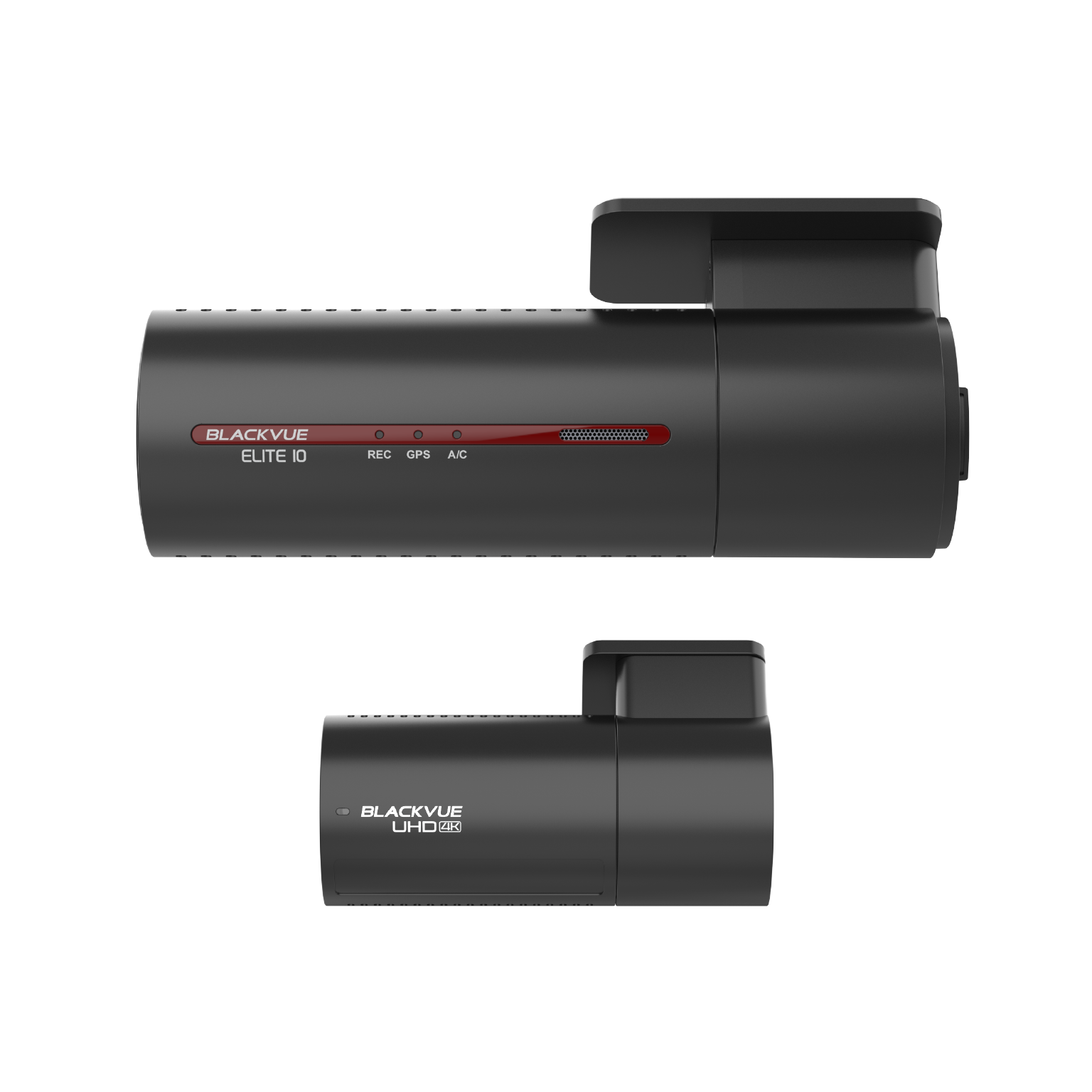 Twee zwarte BlackVue dashcams: een ELITE 10, een UHD 4K. Beide met montage.
